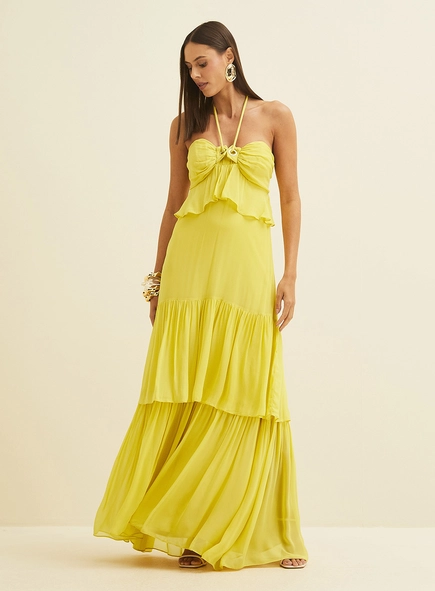 Vestido Longo Com Babados E Transparência