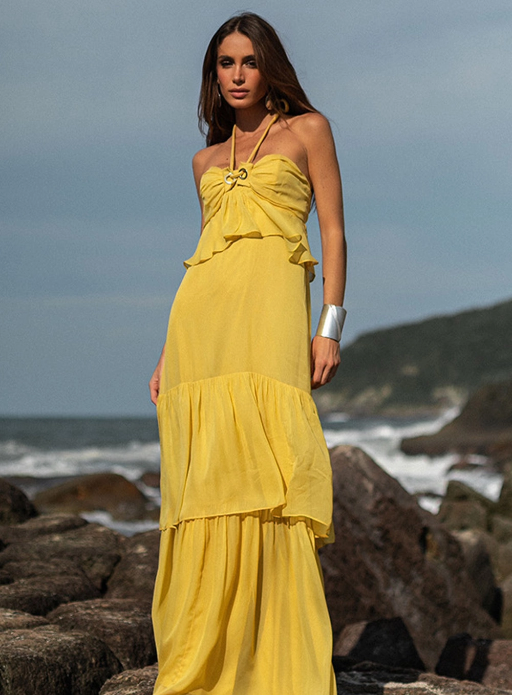 Vestido Longo Com Babados E Transparência Amarelo 2