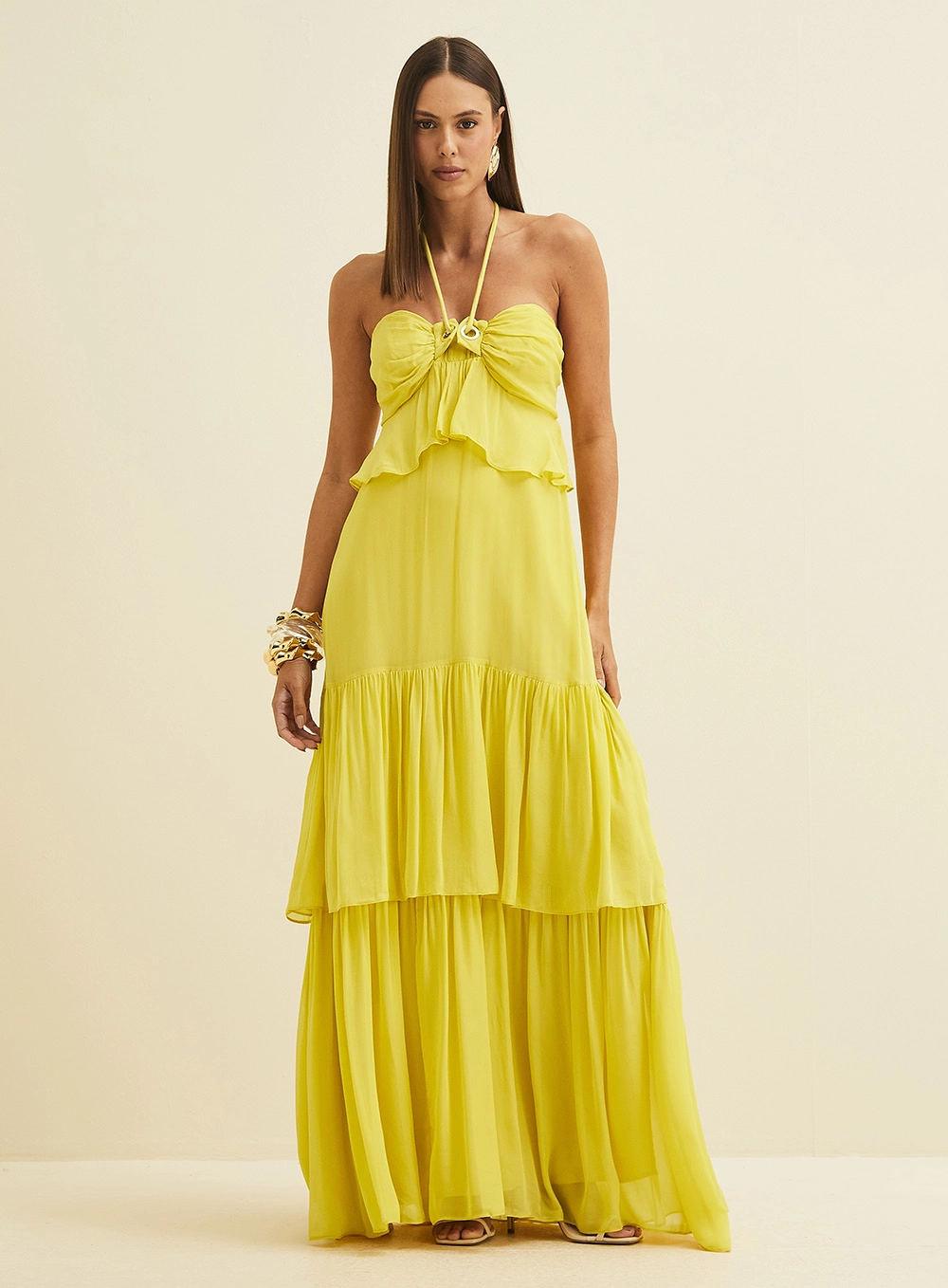 Vestido Longo Com Babados E Transparência Amarelo 1
