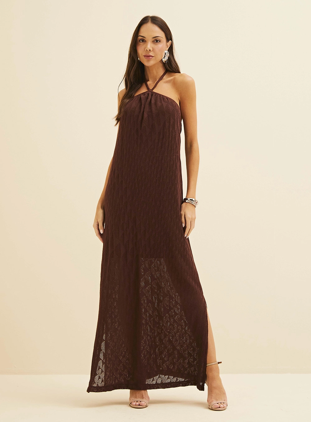 Vestido Em Tricô Longo Fluido Marrom 1