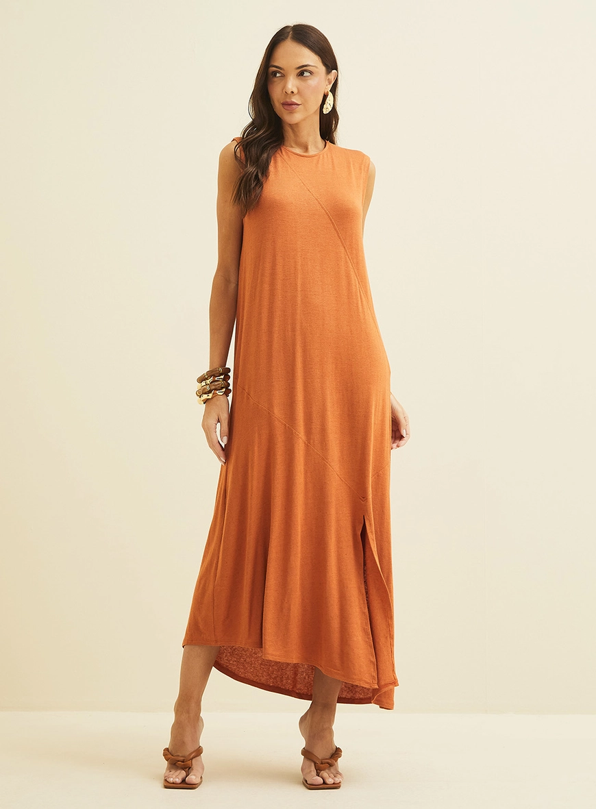 Vestido Midi Fluido Em Linho Com Assimetria Marrom 1