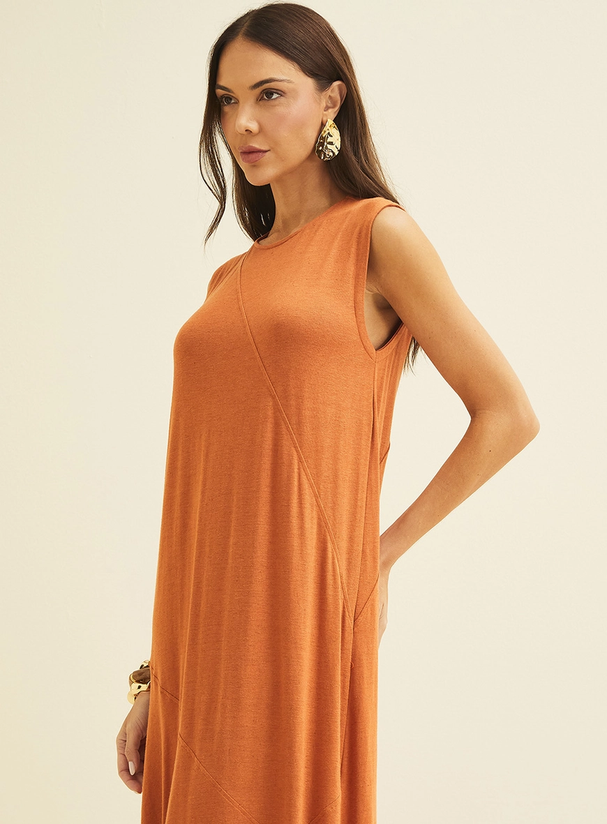 Vestido Midi Fluido Em Linho Com Assimetria Marrom 3