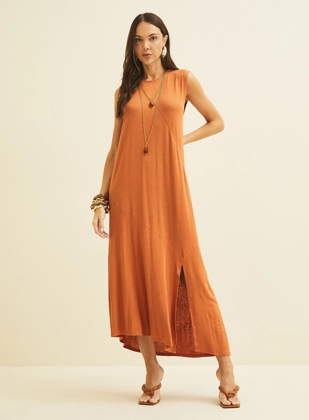 Vestido Midi Fluido Em Linho Com Assimetria