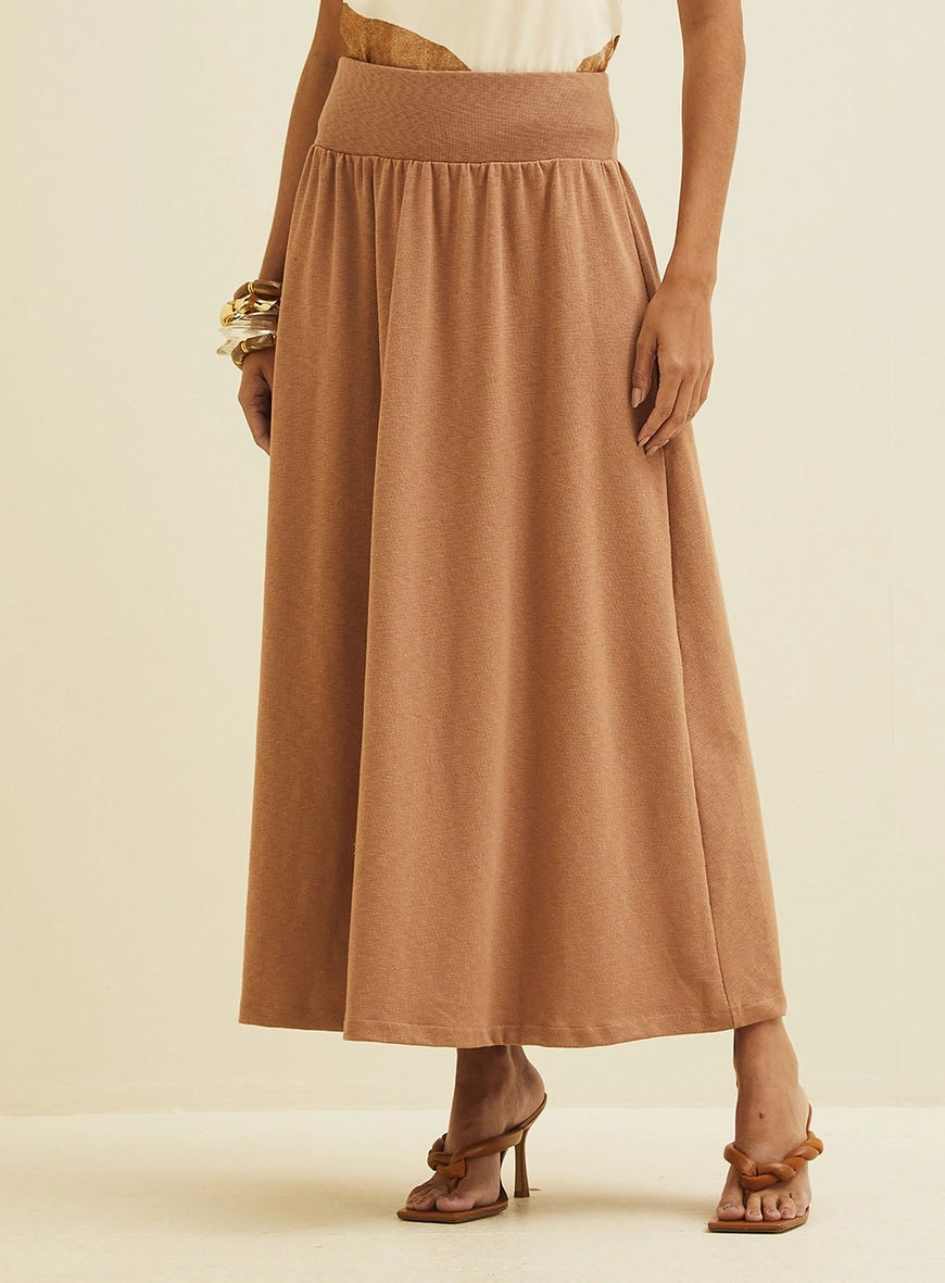 Saia Midi Em Tricô Godê Solta Marrom 2