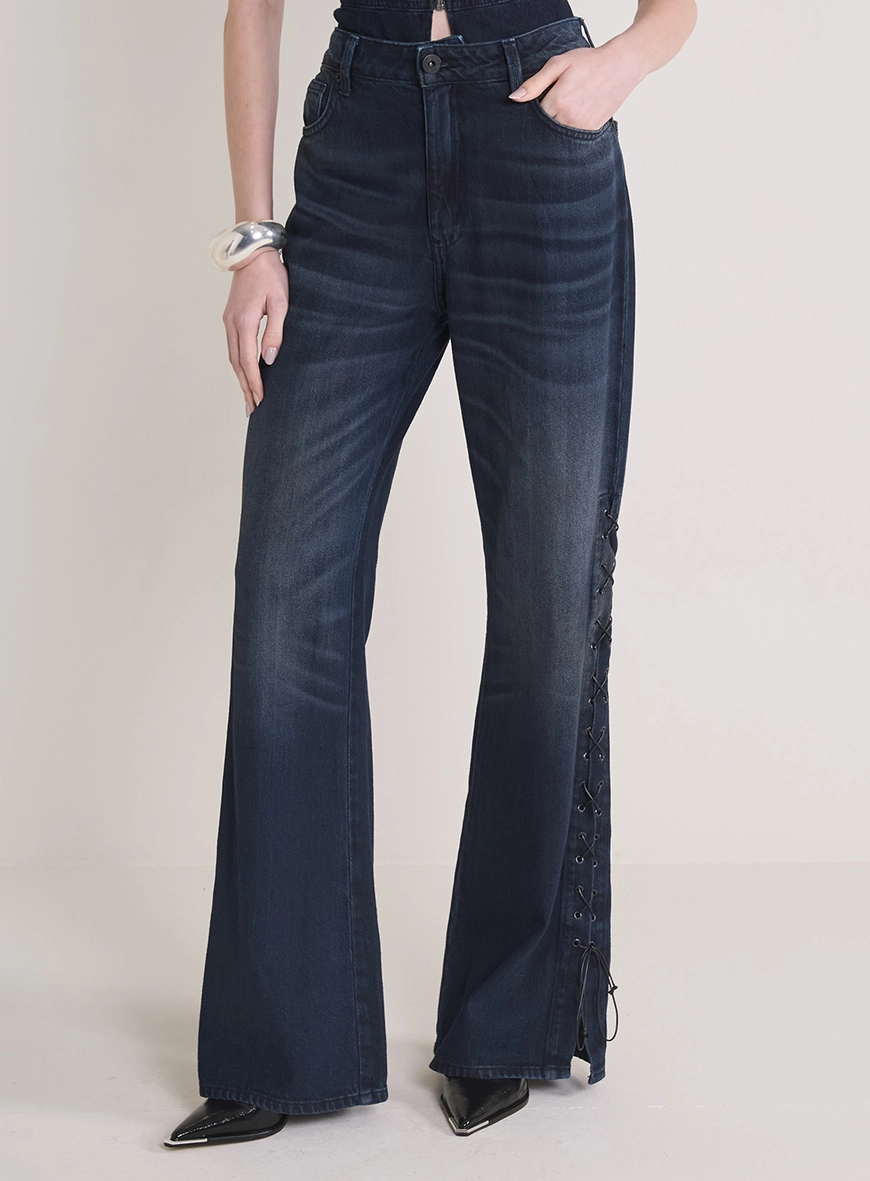 Calça Jeans Feminina New Com Amarração Ilhoses Índigo 2