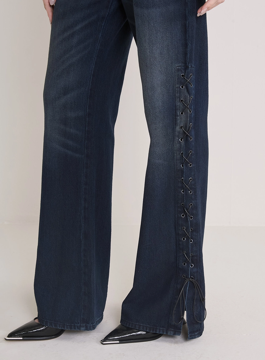 Calça Jeans Feminina New Com Amarração Ilhoses Índigo 3