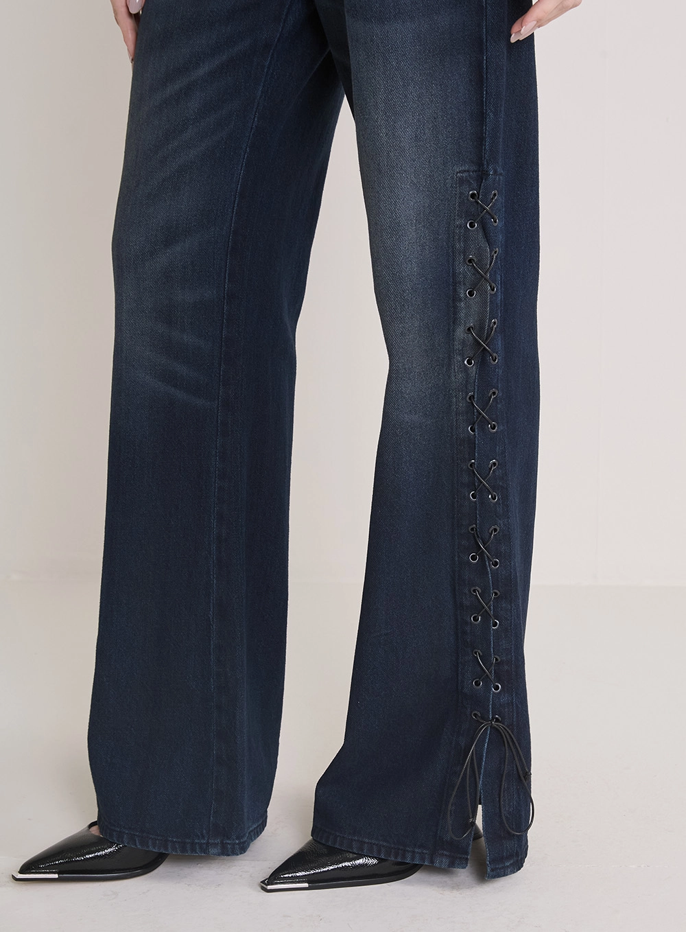 Calça Jeans Feminina New Com Amarração Ilhoses Índigo 3