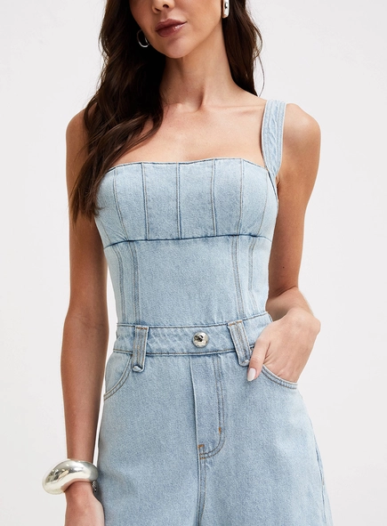 Macacão Jeans Com Calça Barrel