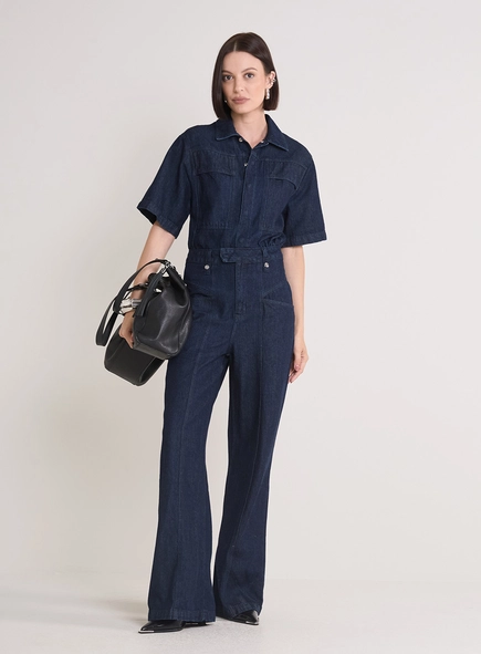 Macacão Jeans Mangas Amplas Calça Bella