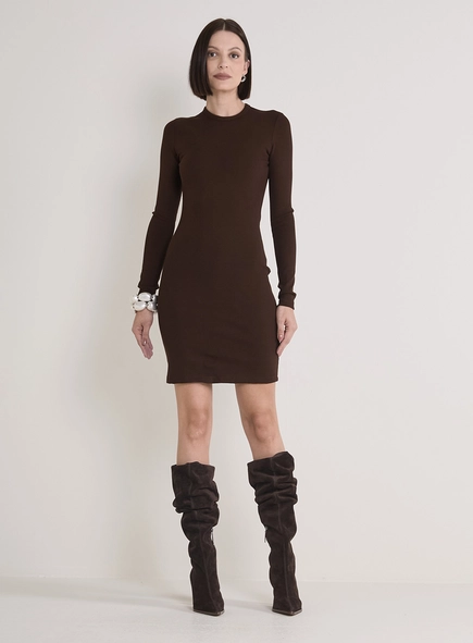 Vestido Curto Justo Canelado De Manga Longa