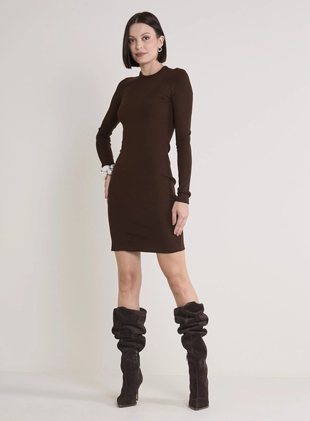 Vestido Curto Justo Canelado De Manga Longa