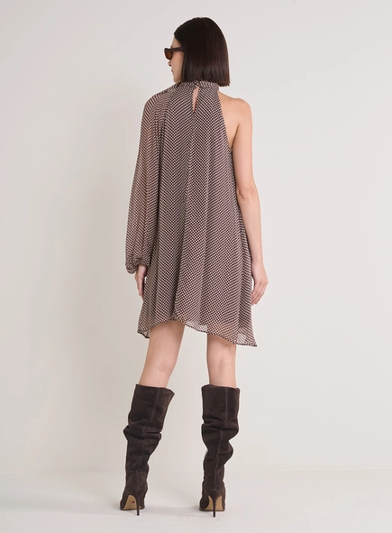 Vestido Curto Com Manga Única Estampado