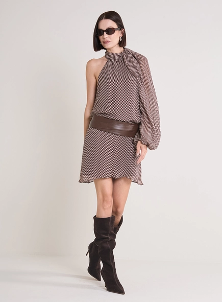 Vestido Curto Com Manga Única Estampado