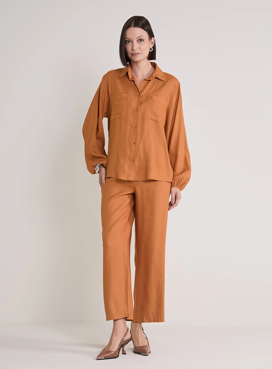 Calça Feminina Reta Cós Com Elástico Bege 1