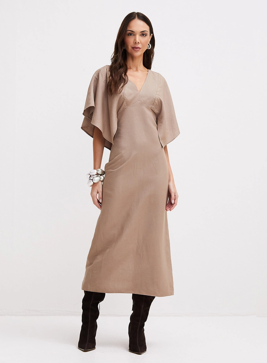 Vestido Midi Decote V Sobreposição Marrom 1