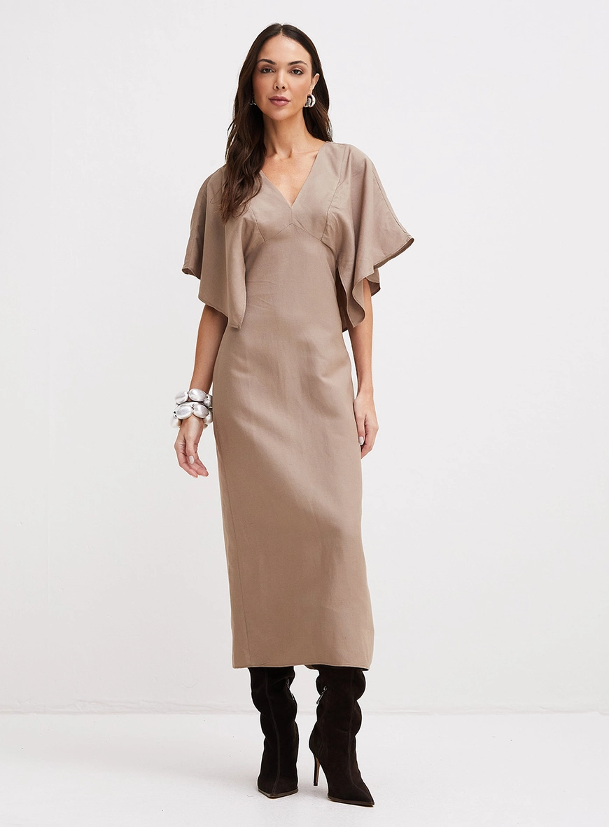 Vestido Midi Decote V Sobreposição Marrom 8