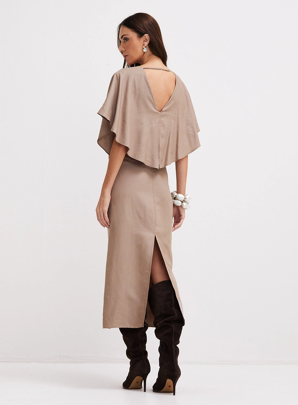 Vestido Midi Decote V Sobreposição Marrom 3