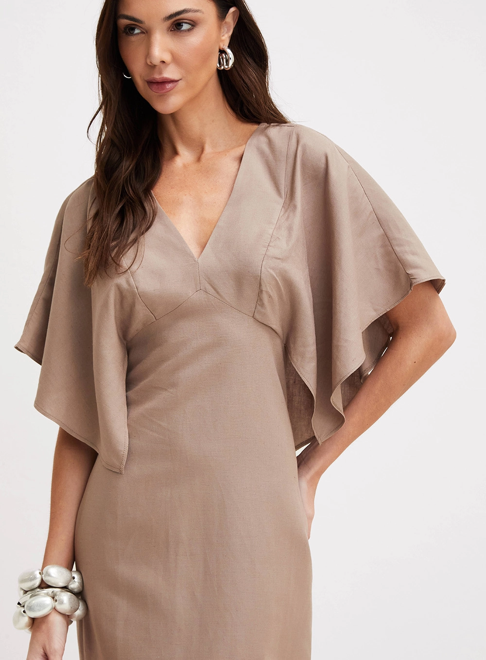 Vestido Midi Decote V Sobreposição Marrom 5