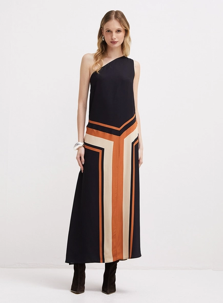 Vestido Midi Amplo Estampado Um Ombro Só