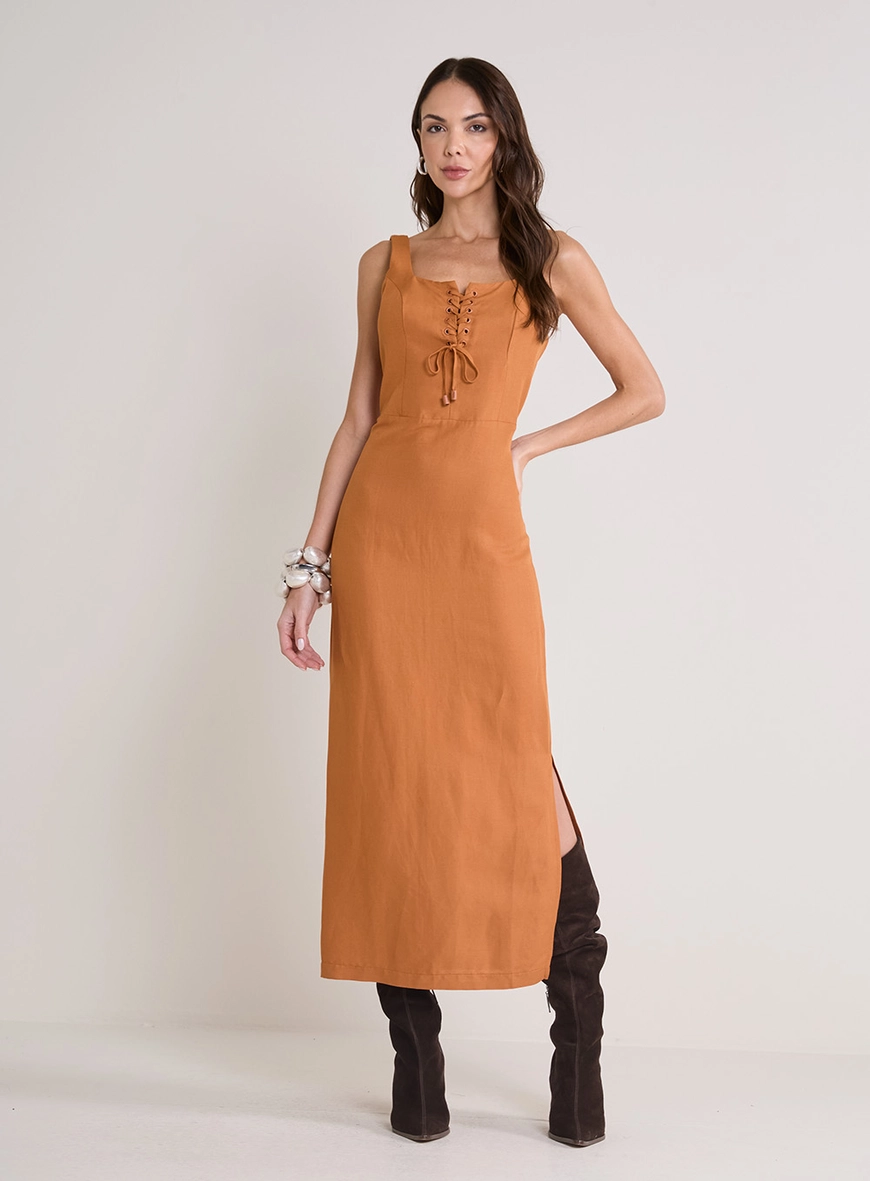 Vestido Midi Com Fenda E Amarração Bege 2