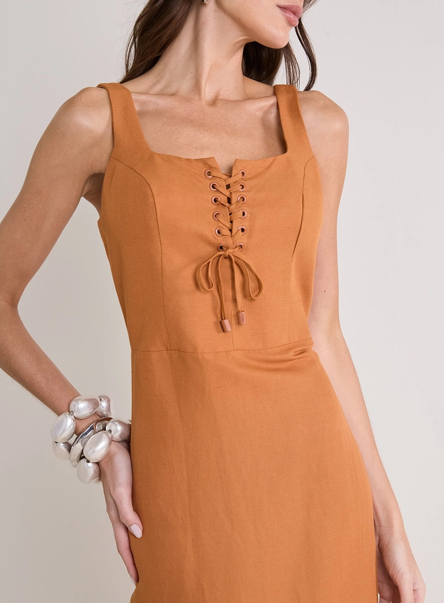 Vestido Midi Com Fenda E Amarração Bege 5