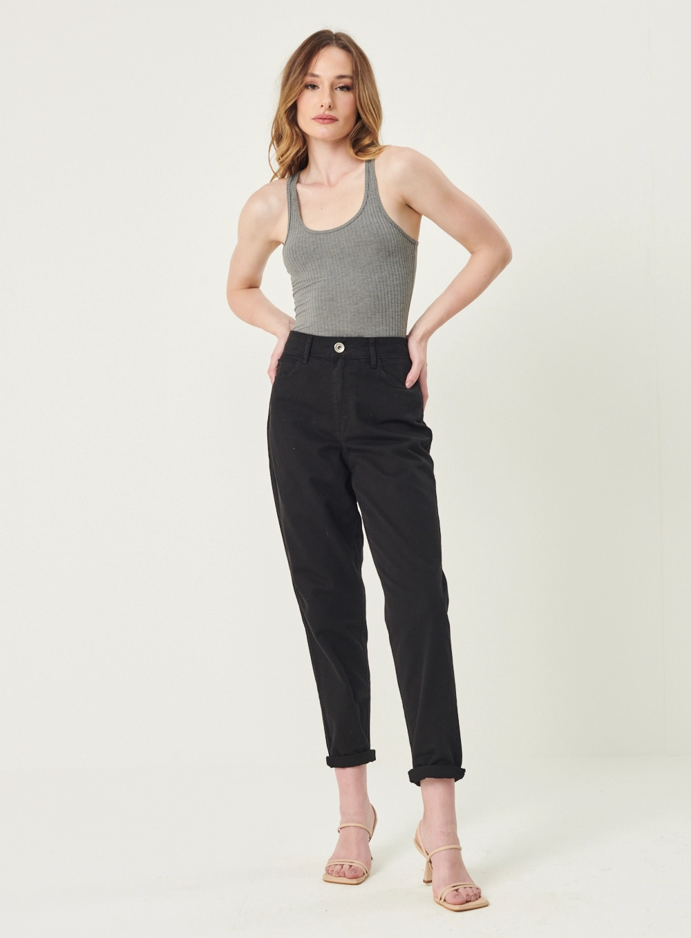 Blusa Regata Feminina Slim Viscose Canelada Cinza