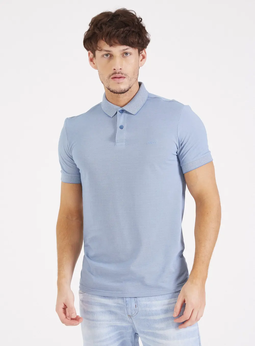 Camisa Polo Masculina Shape Reto Manga Curta Bordada Azul Windy Blue