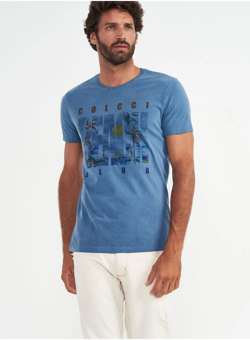 Camiseta Slim Manga Curta Beach Azul Windy Blue