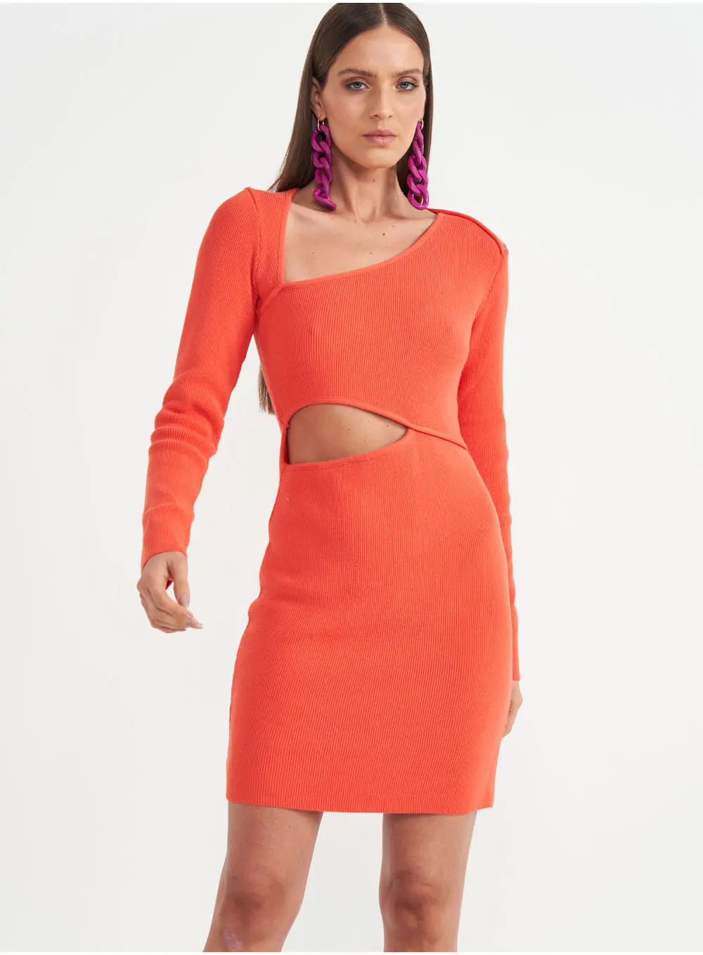 Vestido Assimétrico Manga Longa Laranja