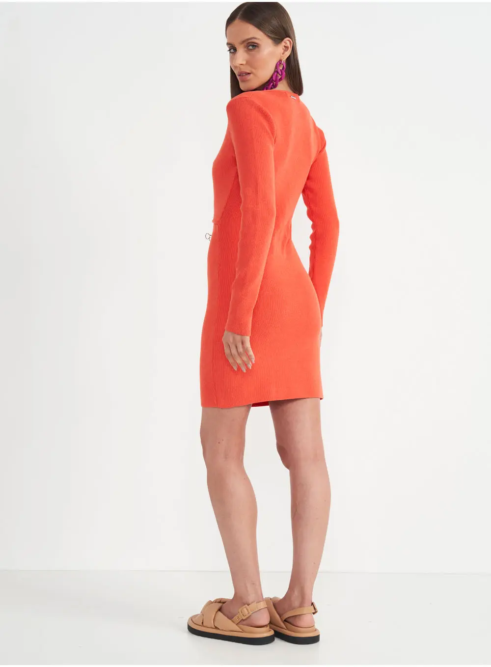 Vestido Assimétrico Manga Longa Laranja