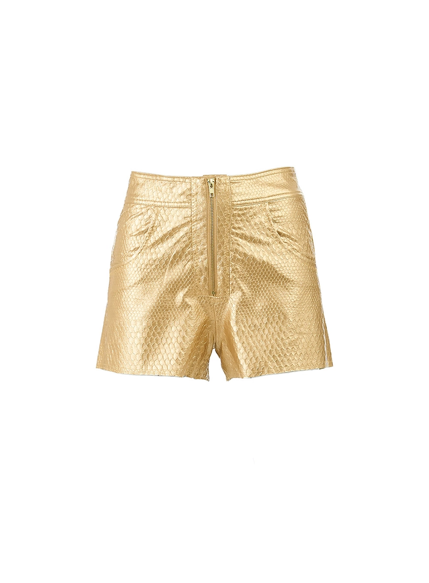 Short Couro Fake Cintura Alta Metalizado Bege  1