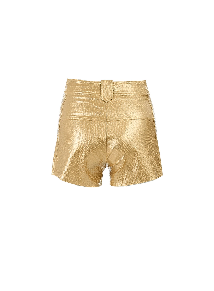Short Couro Fake Cintura Alta Metalizado Bege  2