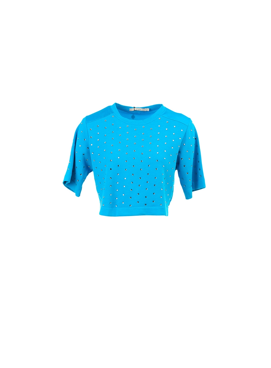 Camiseta Cropped Manga Curta Com Aplicação Azul  1