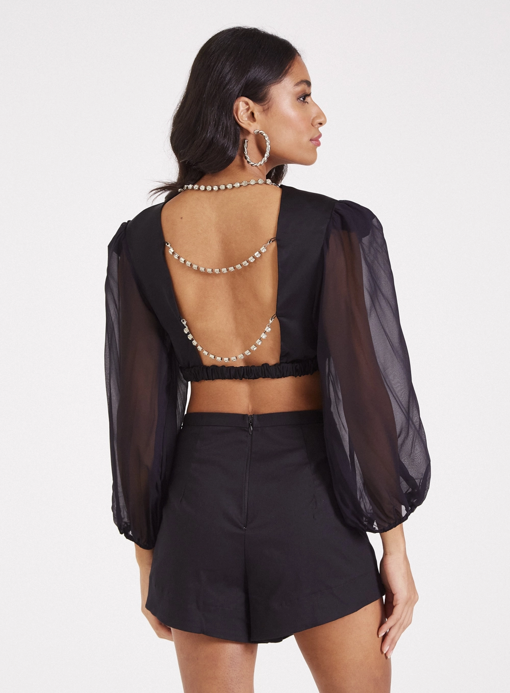 Blusa Cropped Tule Com Correntes Preto 2