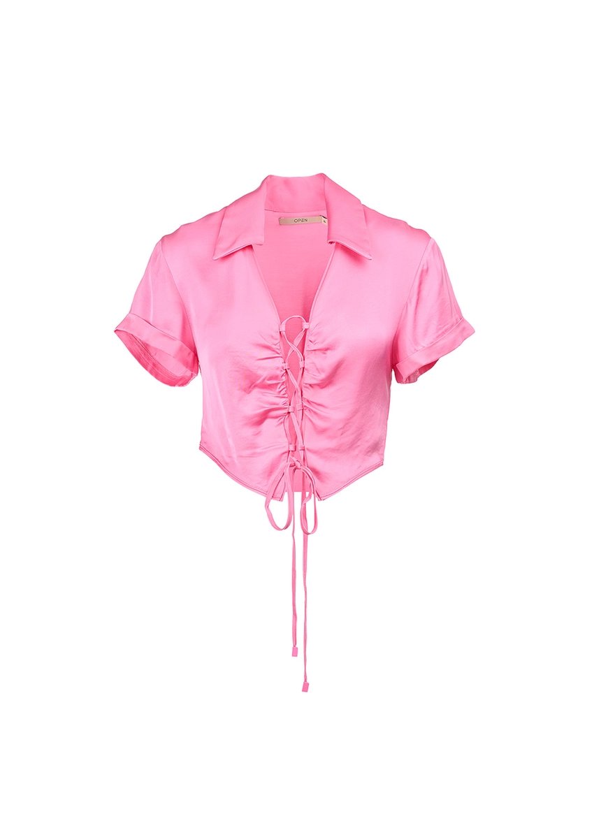 Blusa Cropped Acetinada Com Amarração Rosa 1
