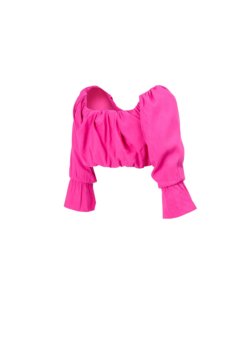 Blusa Cropped Linho Com Mangas Bufantes Rosa 2