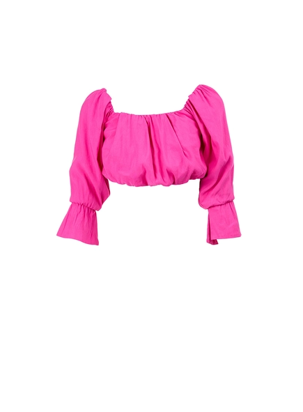 Blusa Cropped Linho Com Mangas Bufantes
