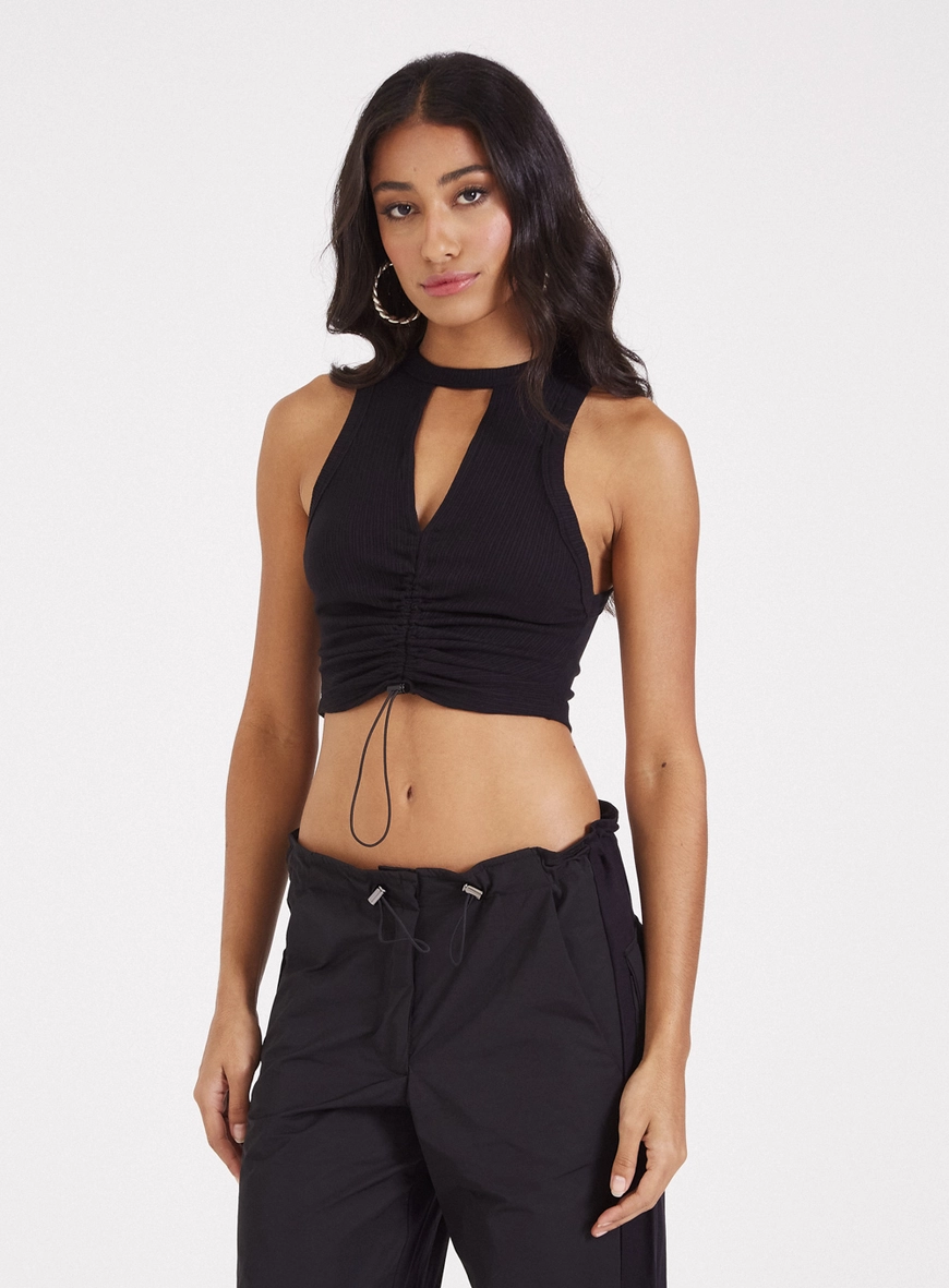 Blusa Regata Canelada Com Franzidos Preto 1