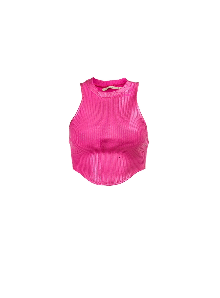 Blusa Cropped Canelada Acetinada Rosa 1