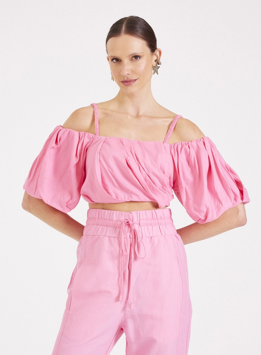 Blusa Cropped Franzida Com Amarração Rosa 1