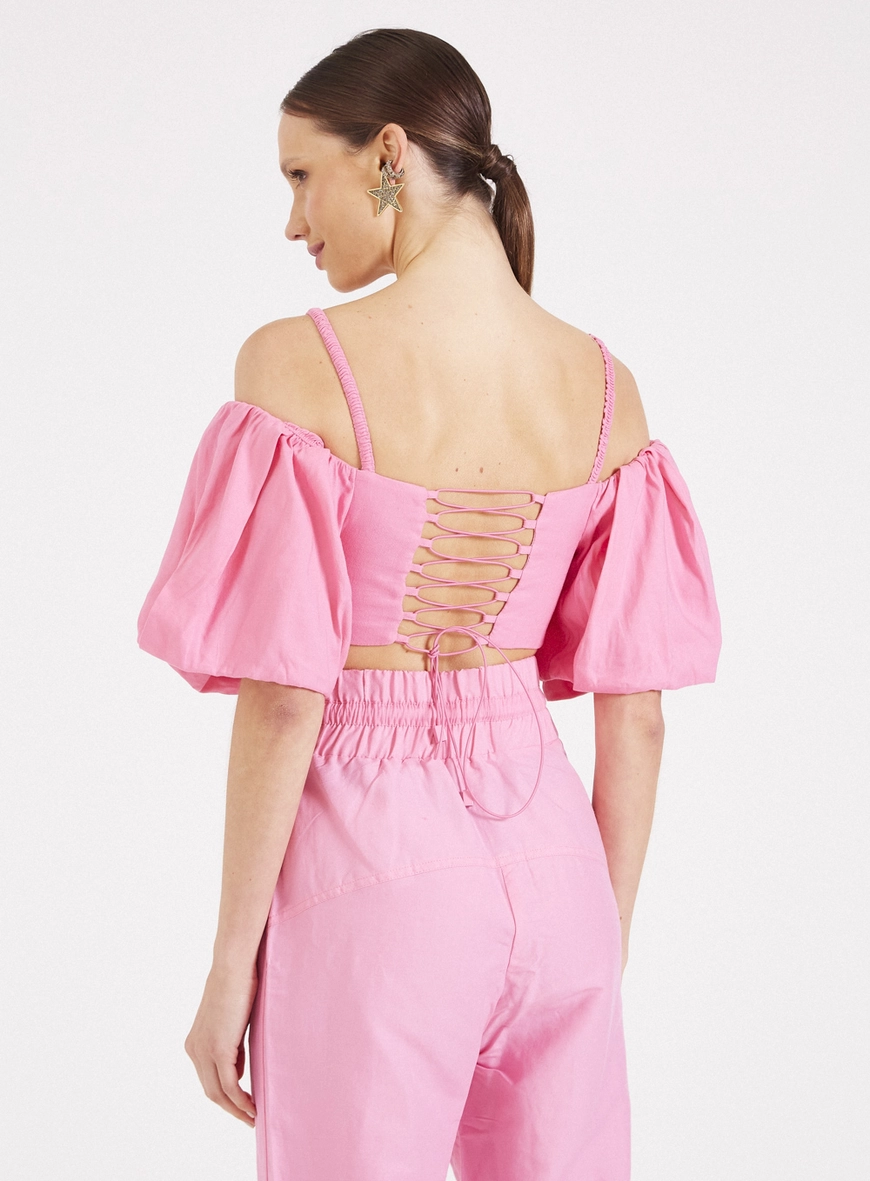 Blusa Cropped Franzida Com Amarração Rosa 2