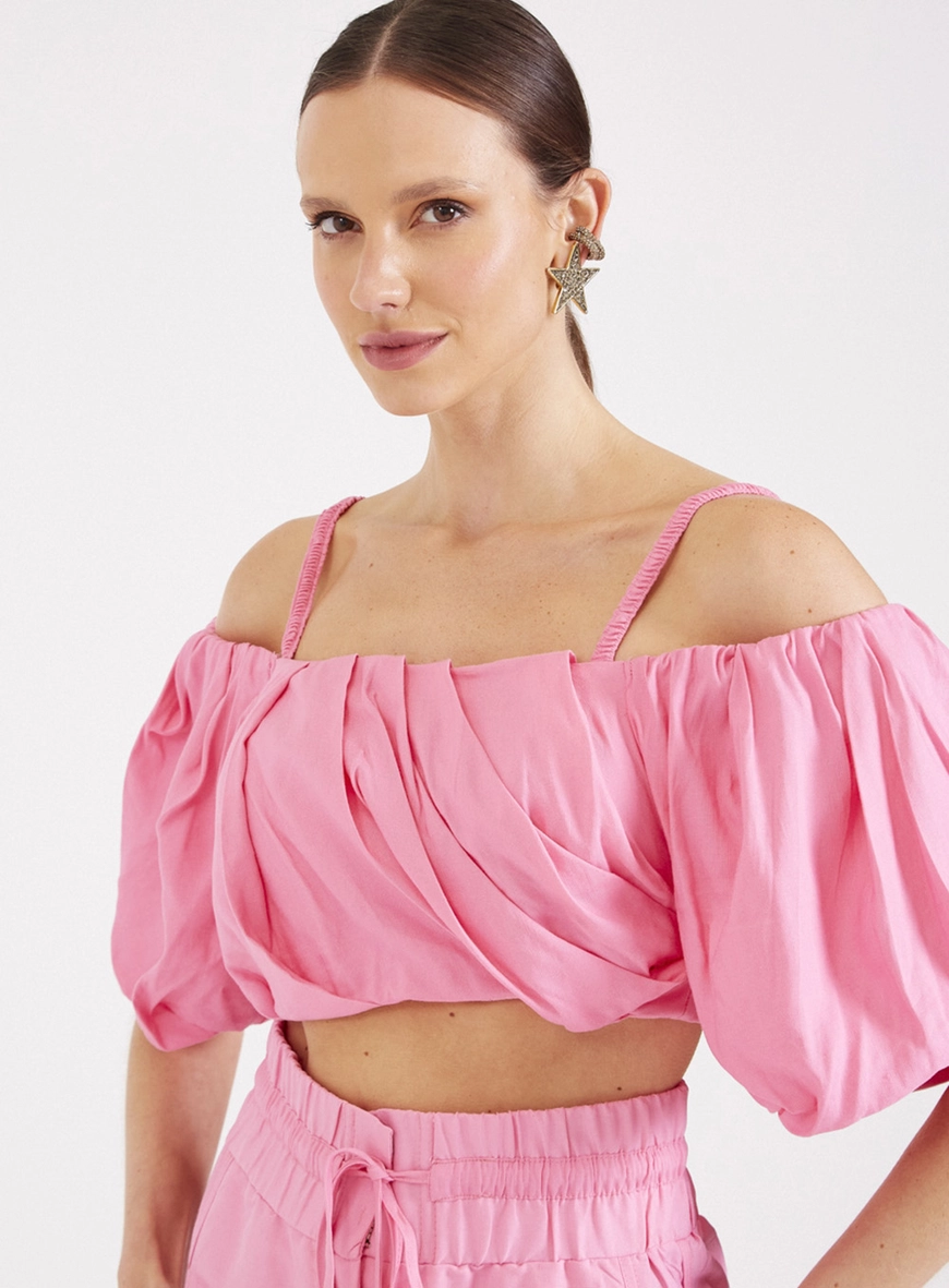 Blusa Cropped Franzida Com Amarração Rosa 3