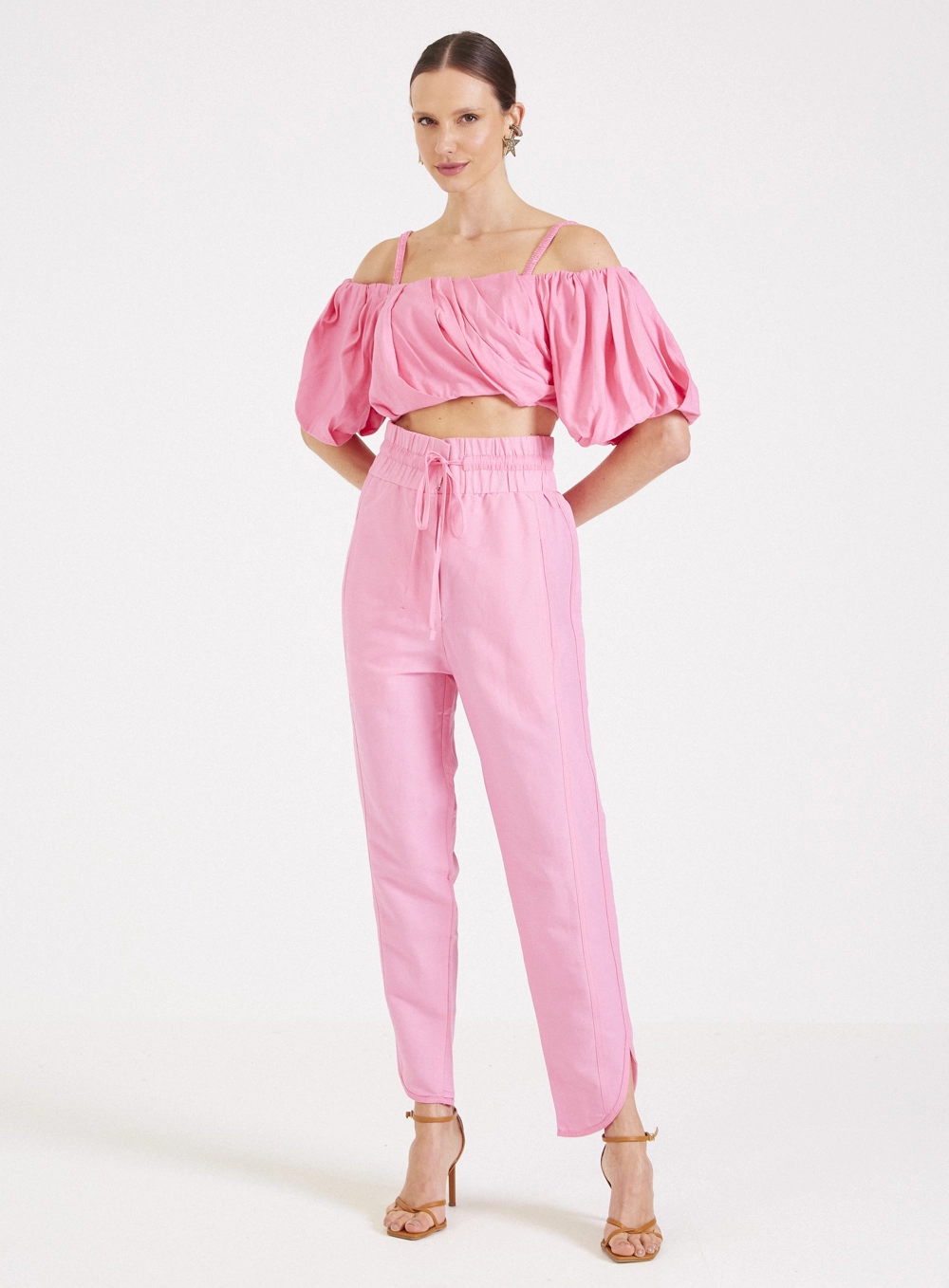 Blusa Cropped Franzida Com Amarração Rosa 4