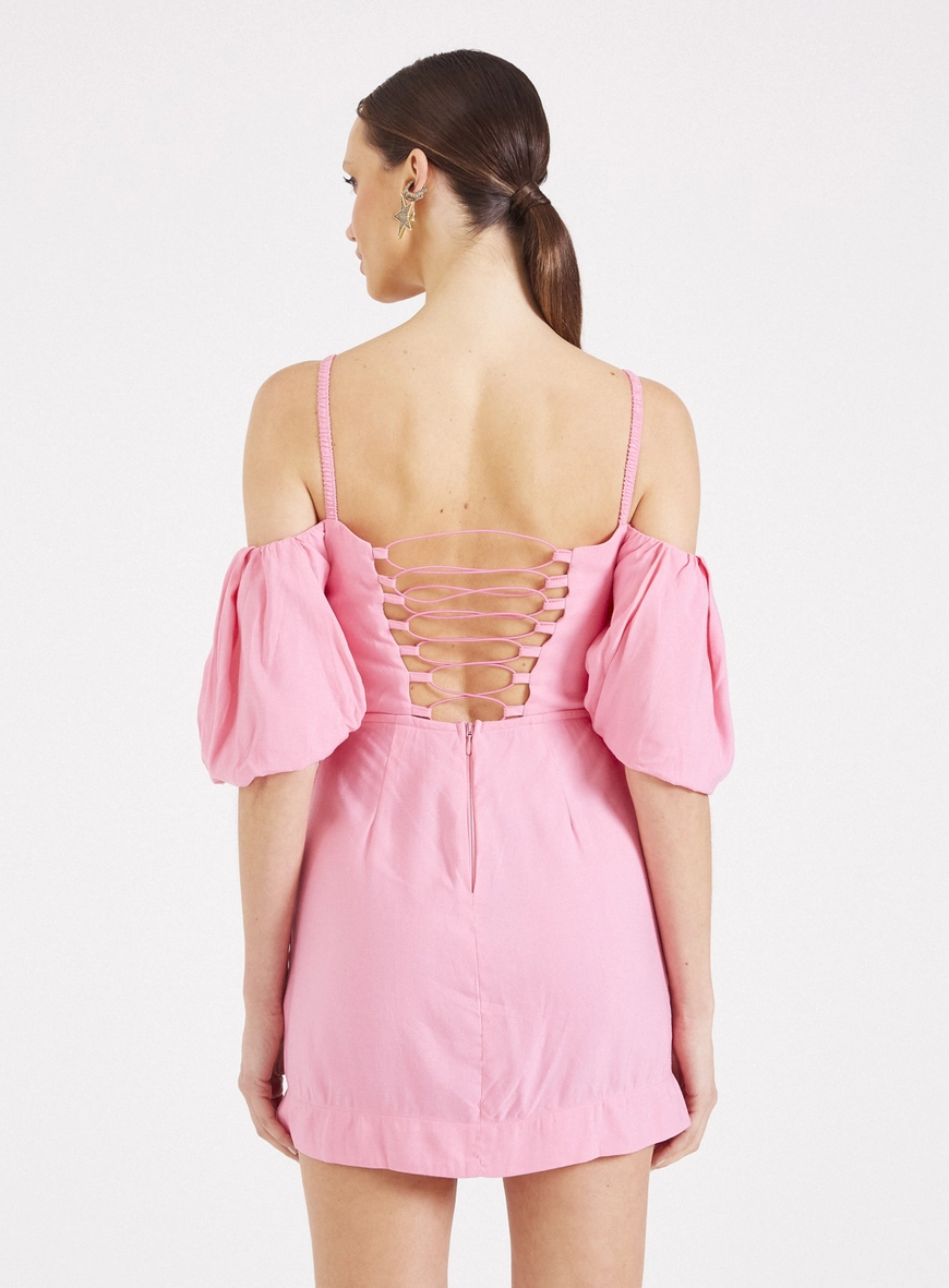 Vestido Linho Com Decote Balonê Rosa 2