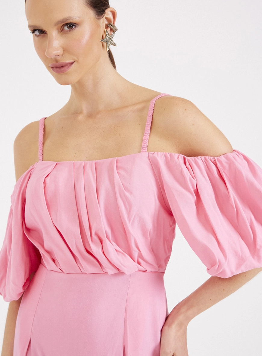 Vestido Linho Com Decote Balonê Rosa 3