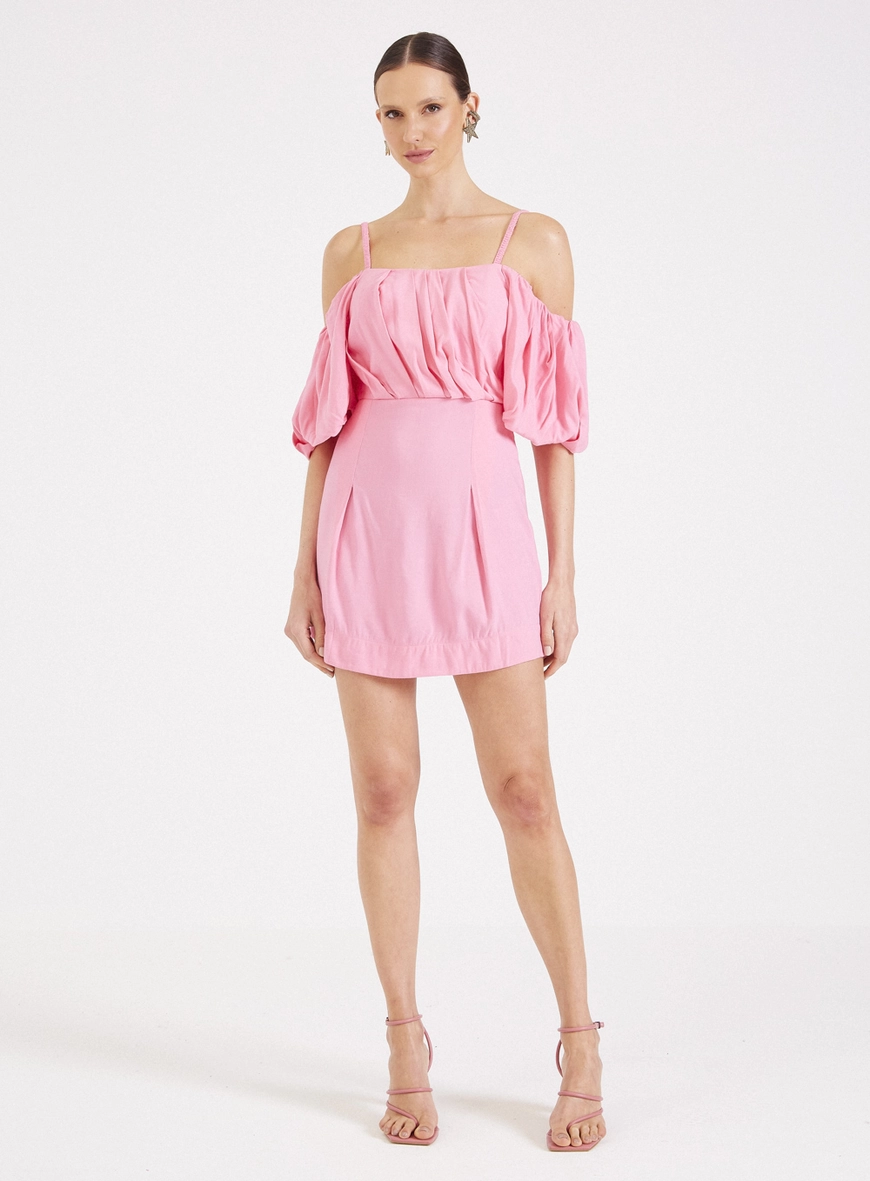 Vestido Linho Com Decote Balonê Rosa 4