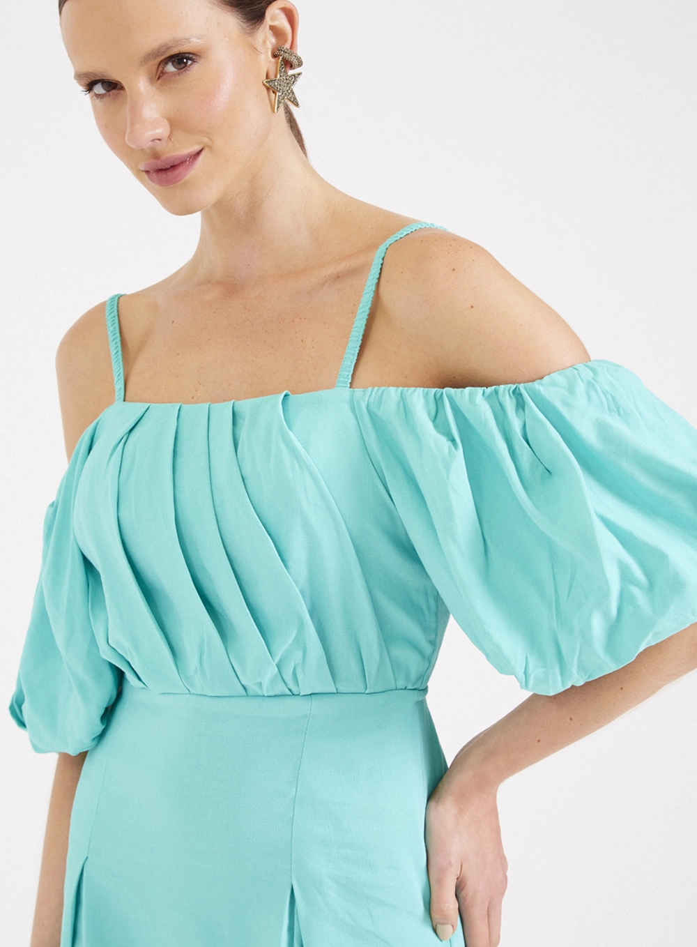 Vestido Linho Com Decote Balonê Verde 3