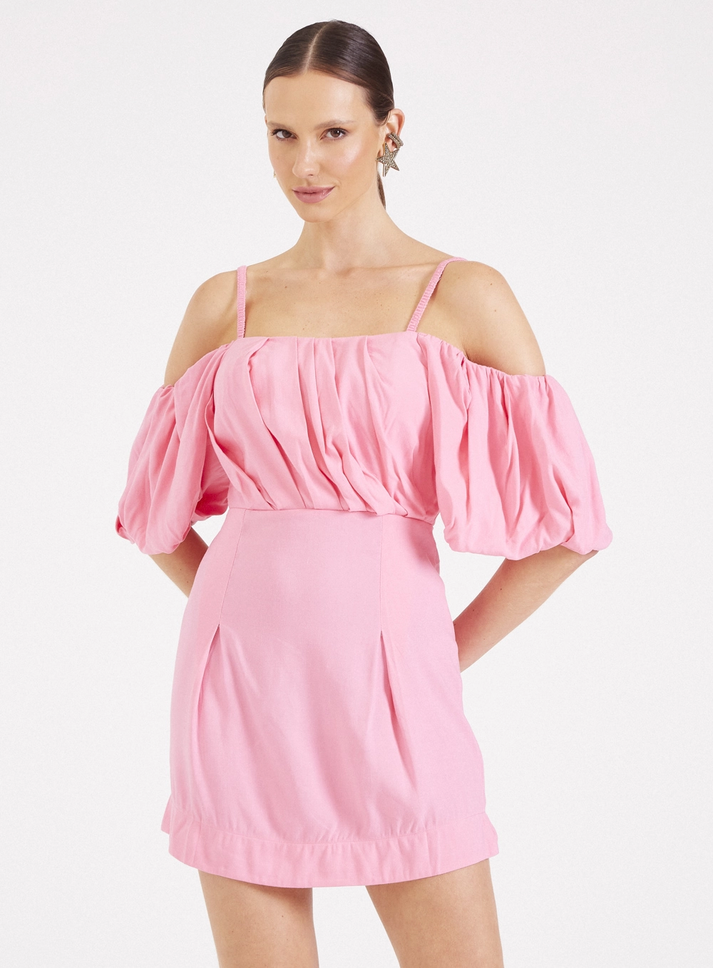 Vestido Linho Com Decote Balonê Rosa 1