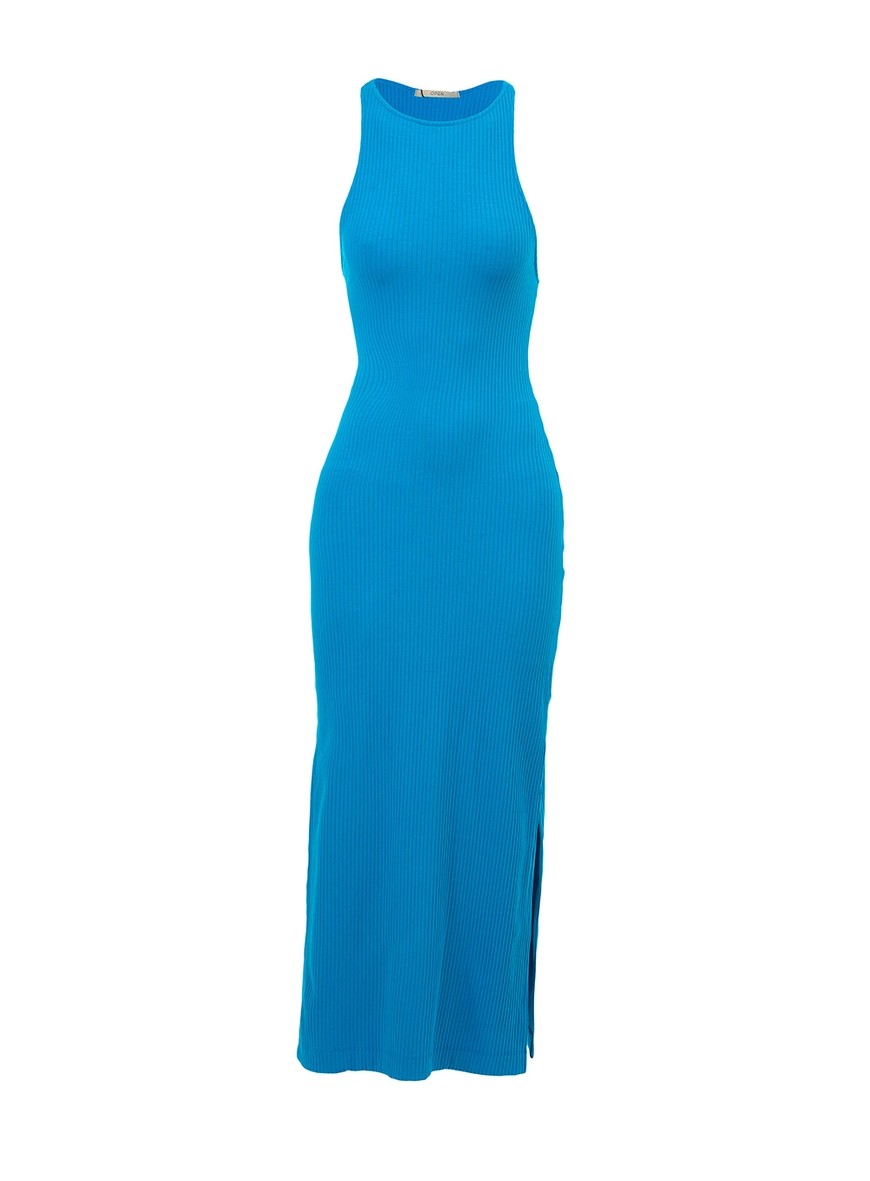 Vestido Midi Recortes Canelado Azul 1