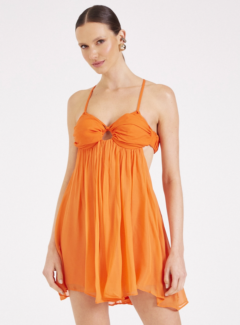 Vestido Fluído Em Tule Com Amarração Laranja 1